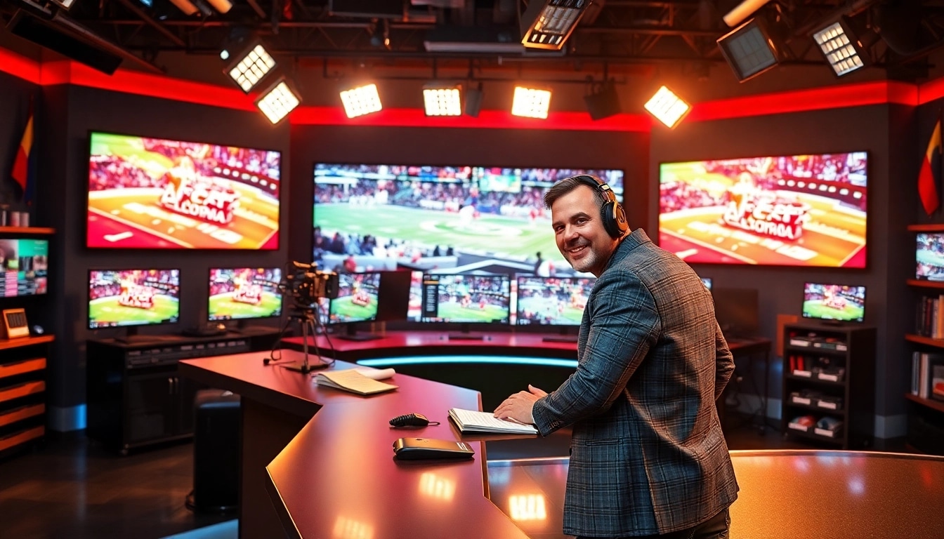 Engaging sports broadcasting setup highlighting a professional broadcaster and dynamic environment.