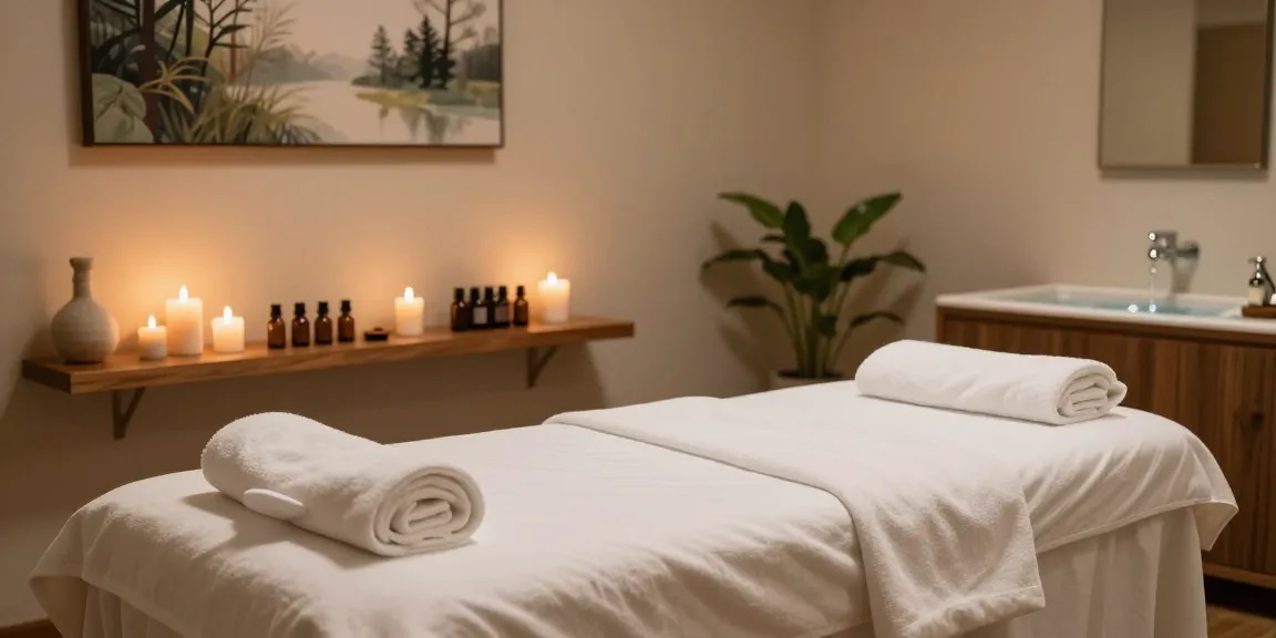 Enjoy premium 구로마사지 therapy in a tranquil spa room with candles and essential oils.