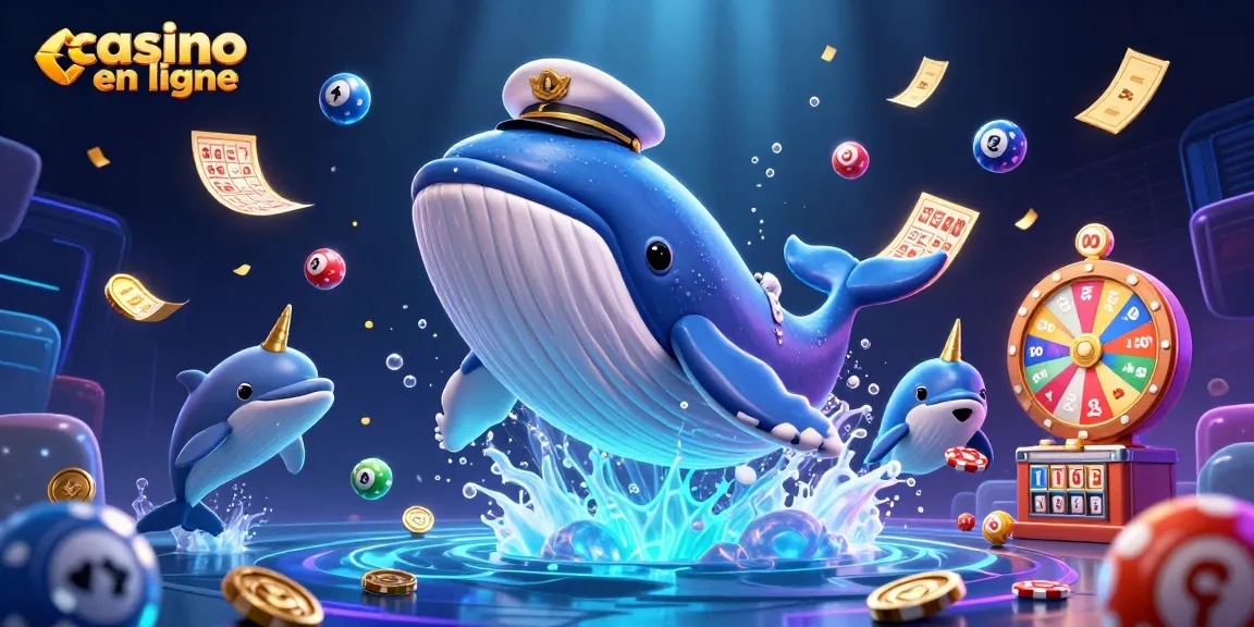 Jouer au casino en ligne avec la baleine géante et des dauphins entourés de pièces d'or.