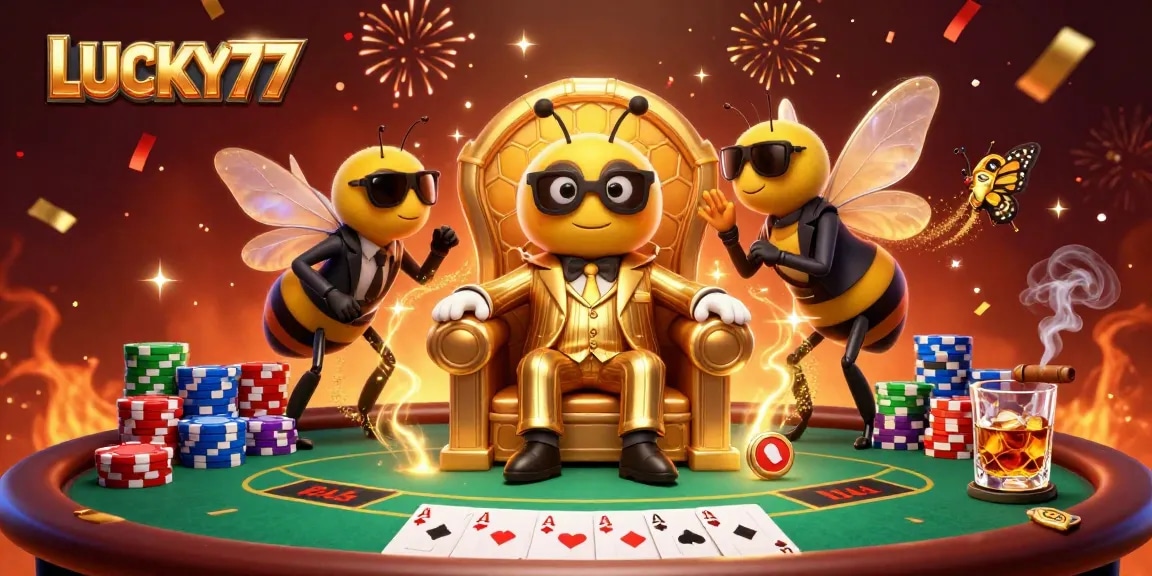 Experience a thrilling scene with LUCKY77's cartoon characters showcasing poker excitement.