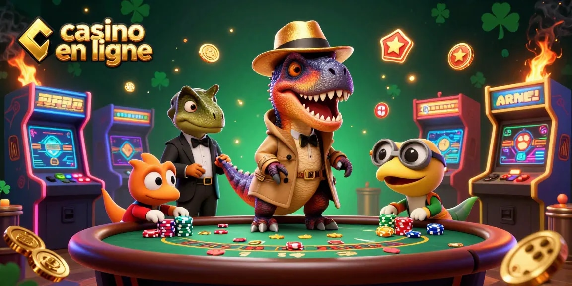 Jouer au casino en ligne avec un velociraptor discutant discrètement à une table de blackjack.