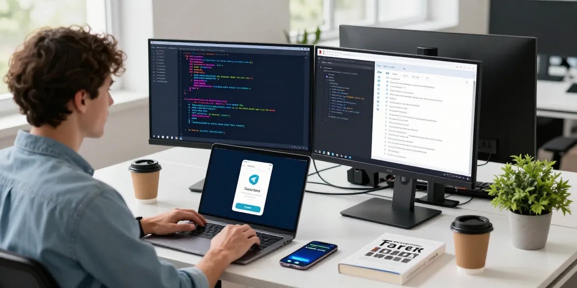 Professional tech workspace with developer coding the 纸飞机中文版 app, showcasing modern office setup and vibrant screens.