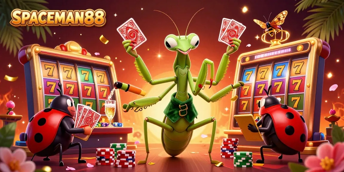 Experience the thrill of SPACEMAN88 with a giant mantis dealer and vibrant slot elements.