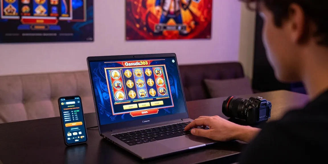 Logging into garuda303 with vibrant slot games on laptop, showcasing online gambling excitement.