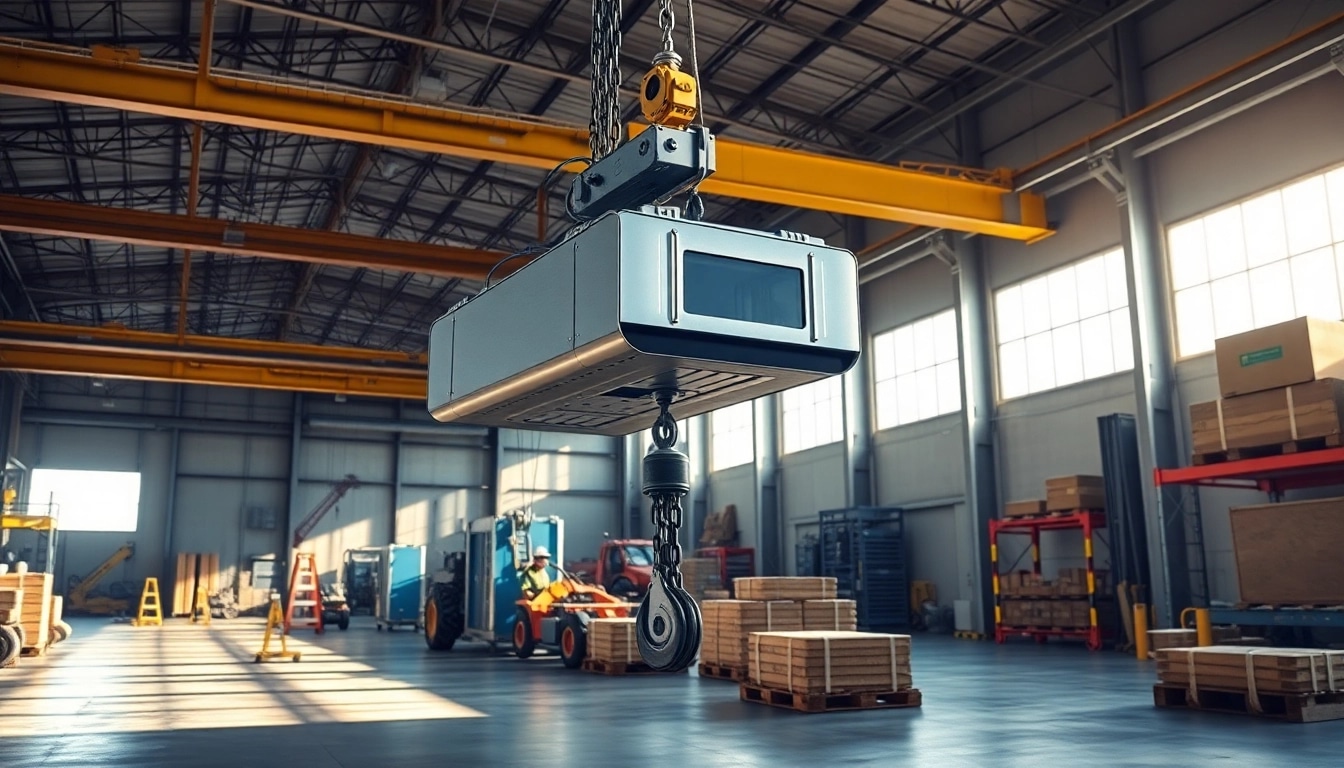 Electric chain hoist crane lifting heavy loads in an industrial warehouse setting.