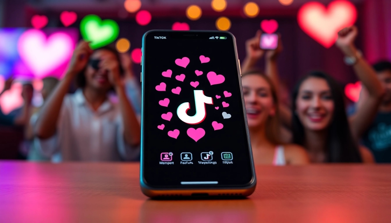 tiktok いいね 購入の効果を表現した画像。TikTokアプリの画面にハートやいいねが溢れる。