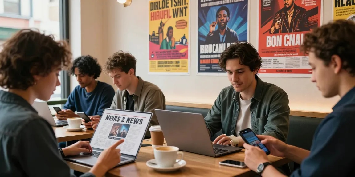 Engaged readers exploring news content on https://www.theindaily.com in an urban café setting.