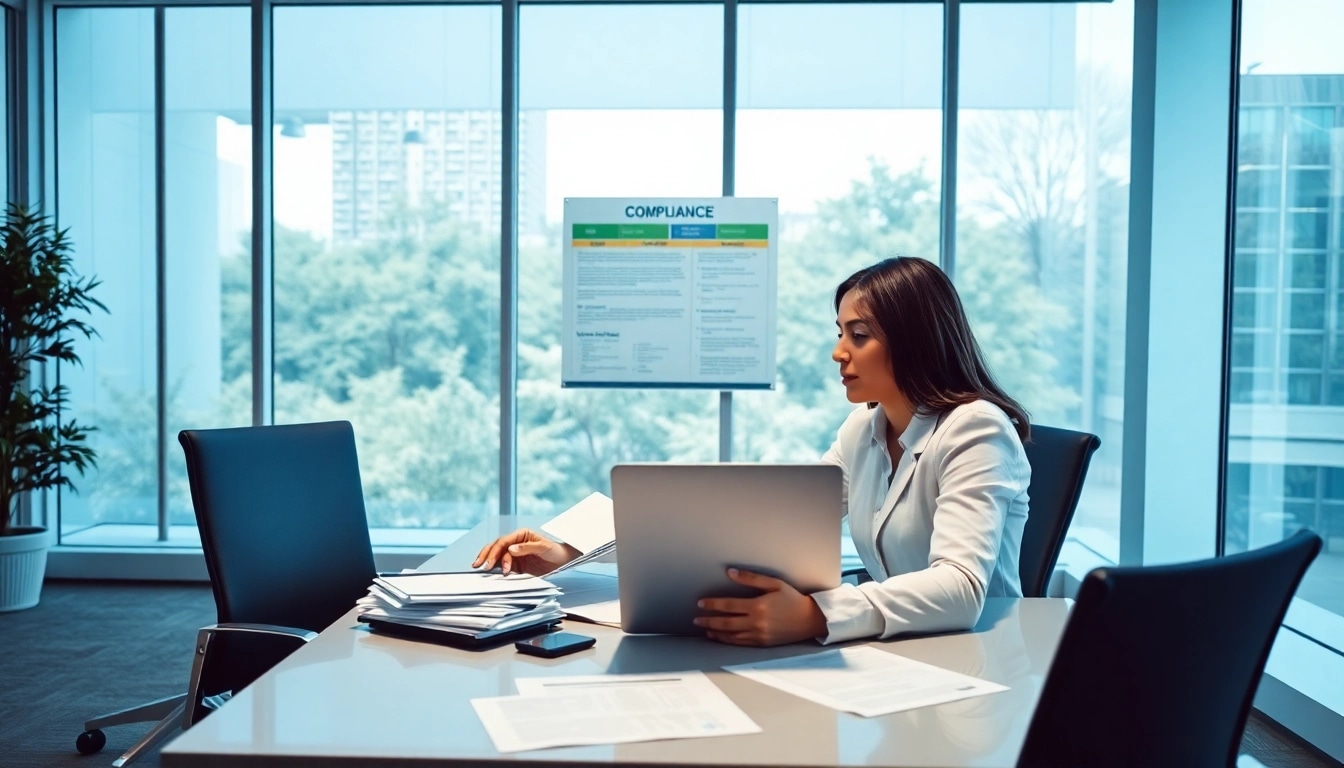 Consultant analyzing pre and post award compliance. documents in a modern office environment.