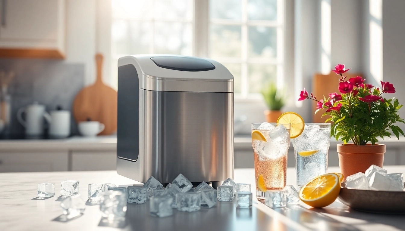 Enhance your refreshment experience with a stylish ice maker in a sunny kitchen.