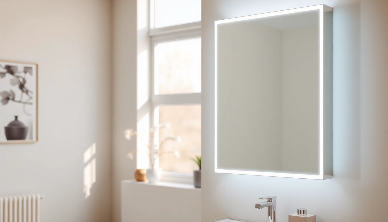 Showcase of a modern led bathroom mirror Cabinet illuminated in a stylish bathroom setting.