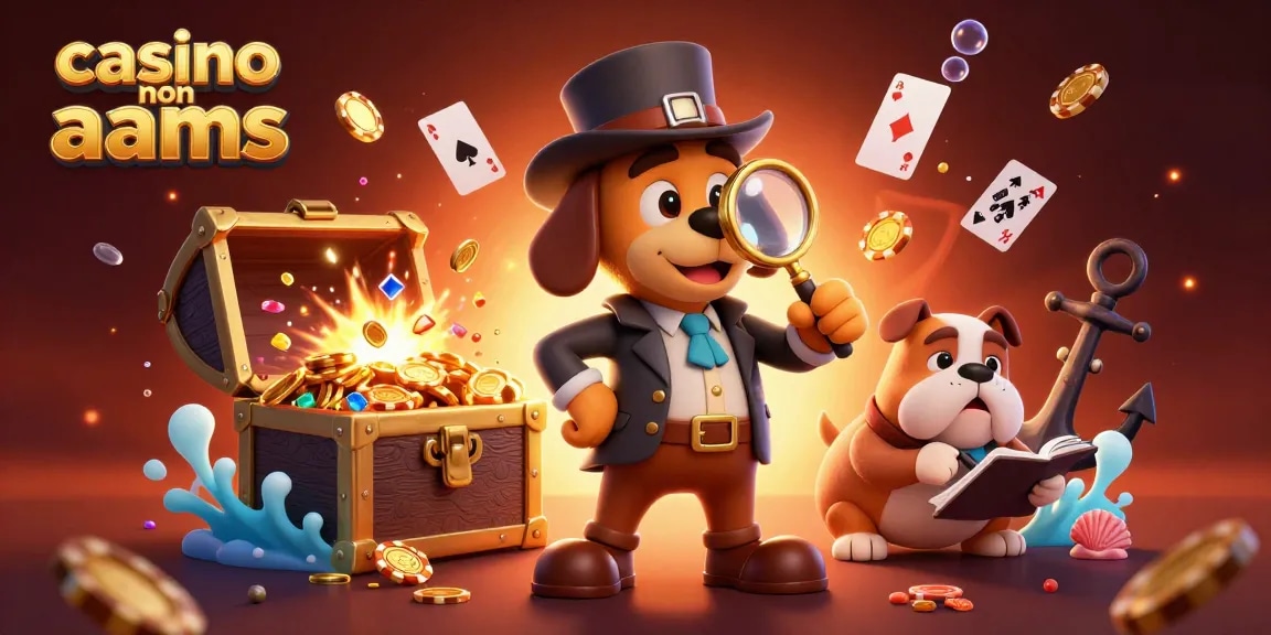 Giocando al casino non AAMS, un detective e un bulldog esplorano indizi d'oro in un'illustrazione vivace.
