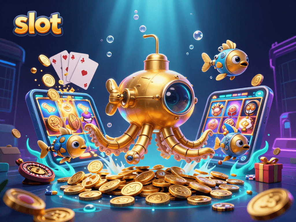 Experience exciting slot gameplay with a vibrant 3D illustration of a golden kraken submarine.
