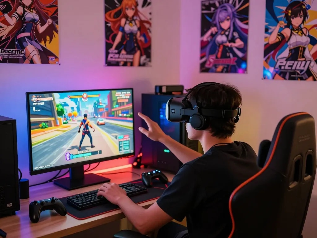 Person enjoying a hentai game on a VR headset in an energetic gaming room.