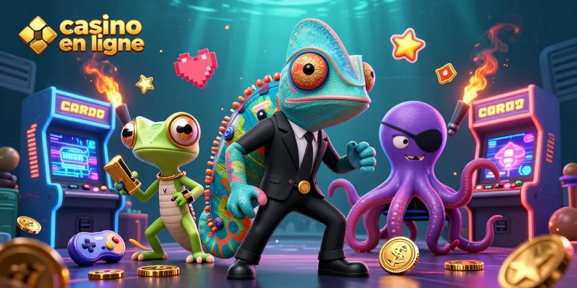 Illustration dynamique "casino en ligne" avec un caméléon agent secret et un gécko techno parmi des éléments de jeu.