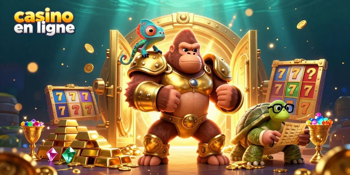 Illustration captivante de casino en ligne montrant un gorille roi, un caméléon et une tortue, avec des éléments de jeu riches.