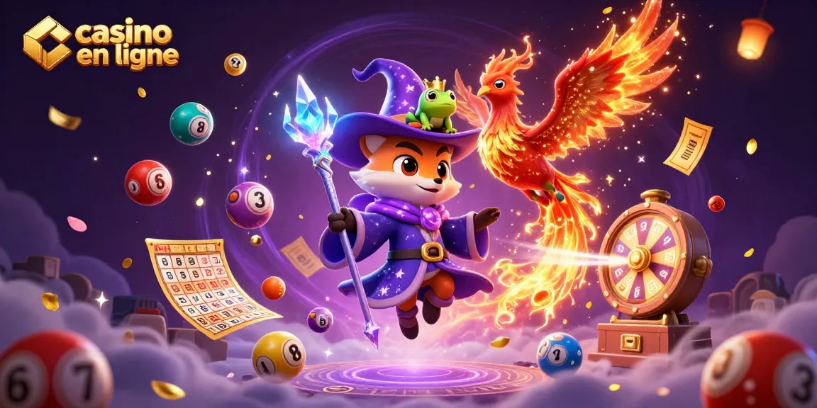 Illustration dynamique de magie et de chance pour casino en ligne avec un renard et un phénix.