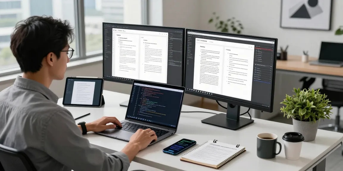 Detect fake PDF in a professional office workspace with dual monitors, showcasing advanced document verification.