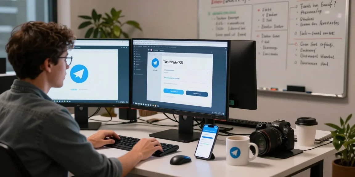 Developing telegram中文版下载 UI in a modern workspace with multiple screens