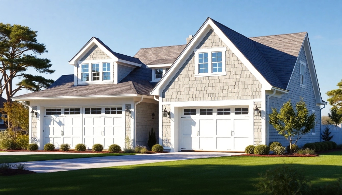 View of a beautiful cape cod home addition with an elegant attached garage and coastal landscaping.