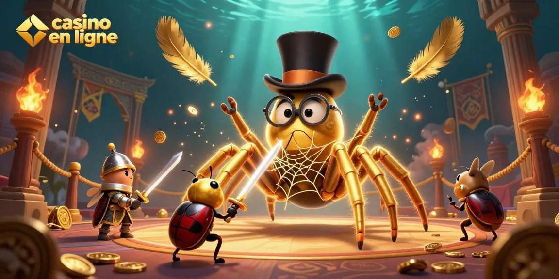 Casino en ligne avec une illustration 3D de tarentule et un chevalier, ambiance immersive.