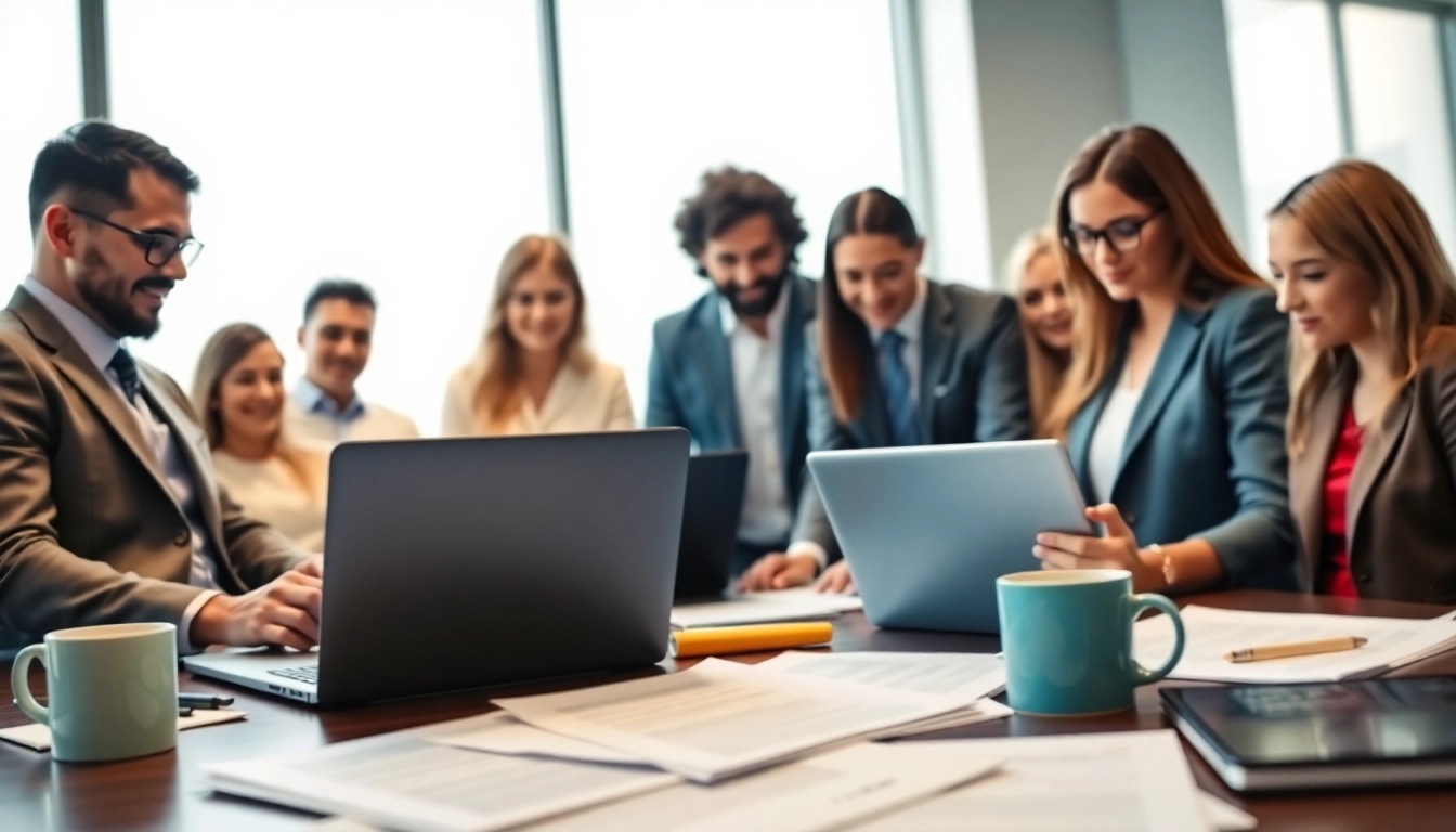 Team collaboration in Proposal Writing and Management, showcasing dynamic teamwork in a bright office.