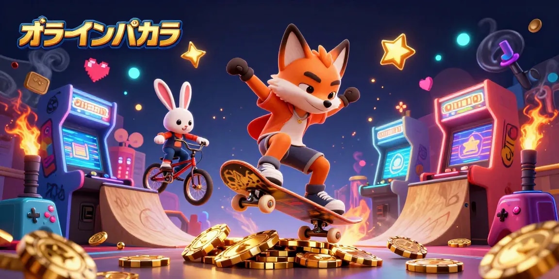 オンラインバカラでゴールドポーカーチップのランプを飛び越えるスケートボードフォックスのイラスト