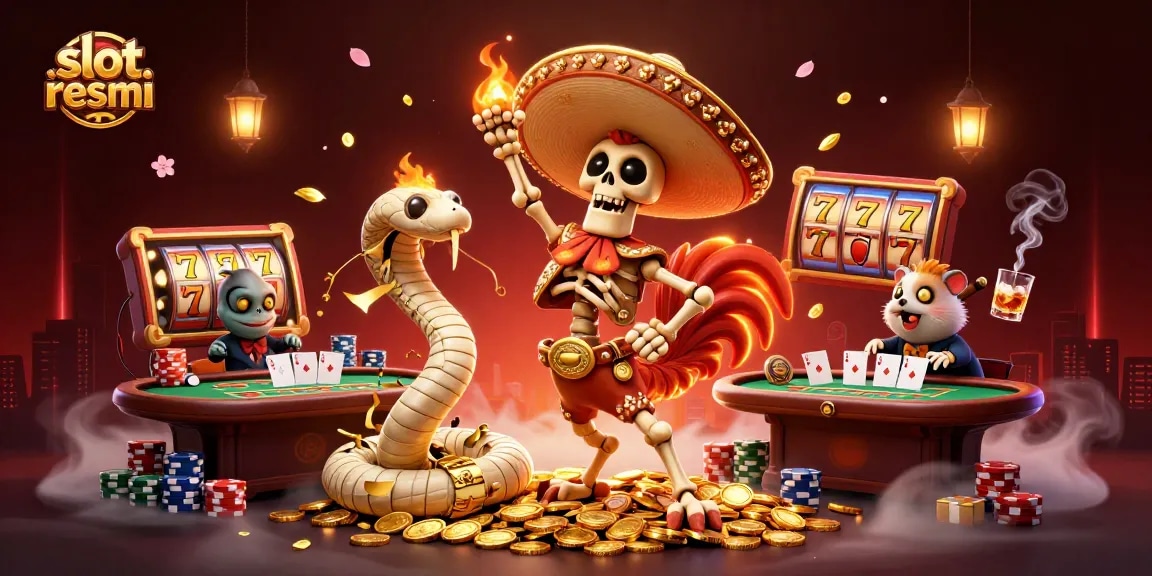 Permainan di slot resmi dengan karakter kartun, seperti ayam mariachi, ular mumi, dan hamster DJ yang meriah.