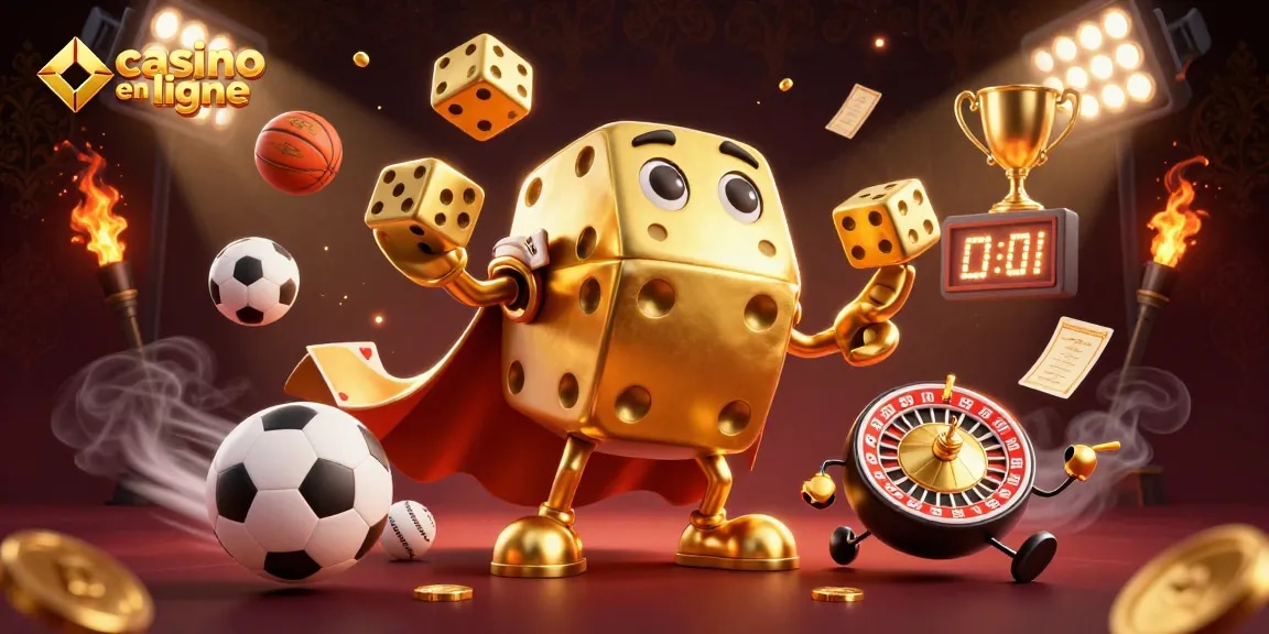 Jouer à casino en ligne avec des dés dorés et des ballons de sport dynamiques.