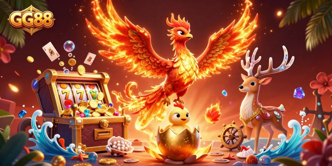 Win big with GG88 in an exhilarating game scene featuring a phoenix and slot elements.