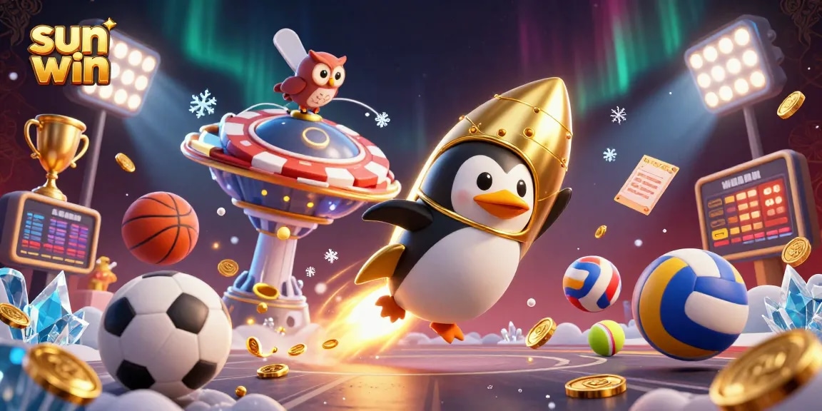 Engage in fun casino betting with the sun win penguin soaring through a vibrant gaming galaxy.