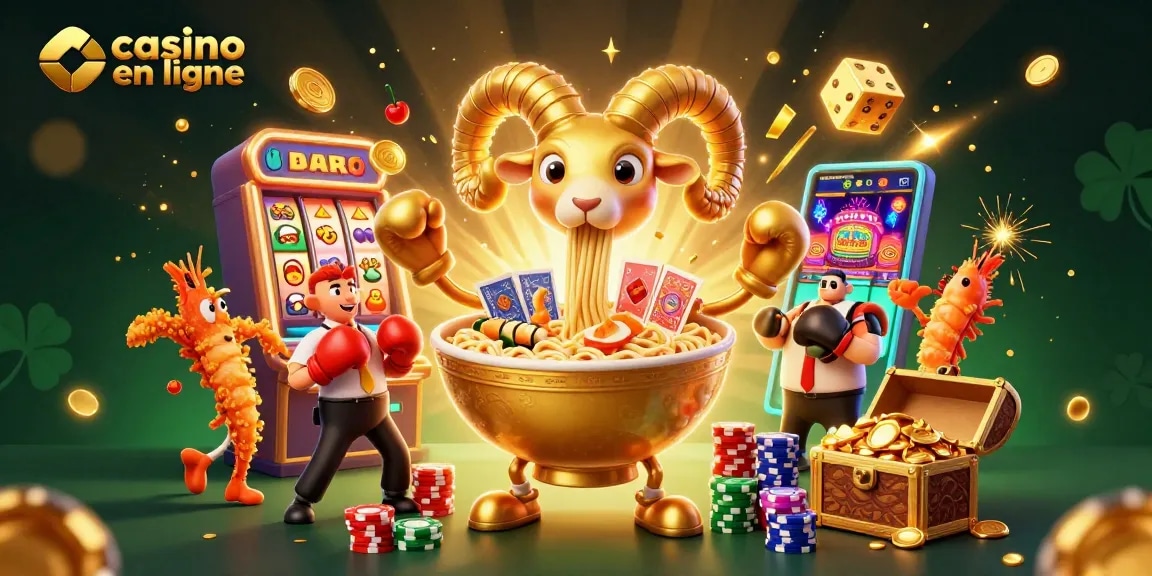 Casino en ligne avec un bol de ramen géant et des personnages amusants jouant à des jeux.