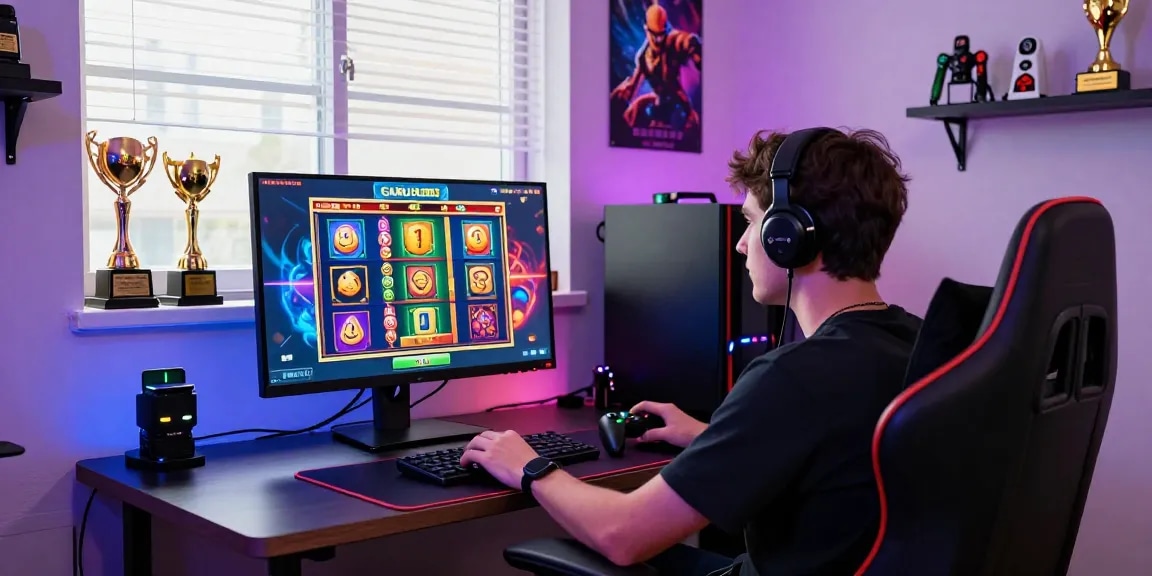 Engaging GARUDA303 login gaming scene with colorful slot games and joyful player.