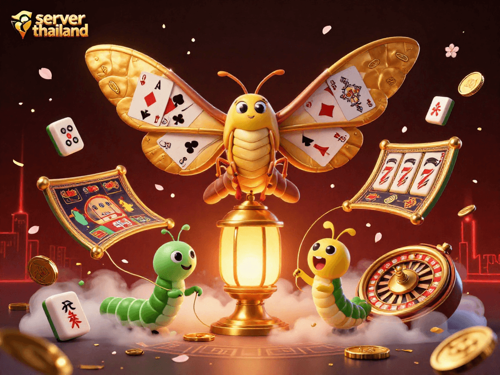 Engage with server thailand as a vibrant 3D digital casino scene showcasing games and festive elements.