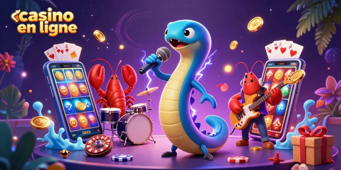 Illustration d’un casino en ligne mettant en scène un DJ anguille électrique et des musiciens sous-marins.