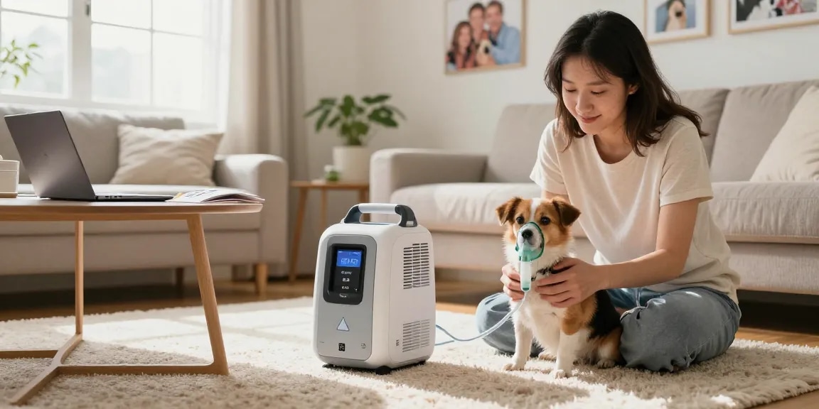 Image showcasing Pricing Pet Oxygen Machine in a cozy home environment, with an owner assisting a pet in need of oxygen therapy.