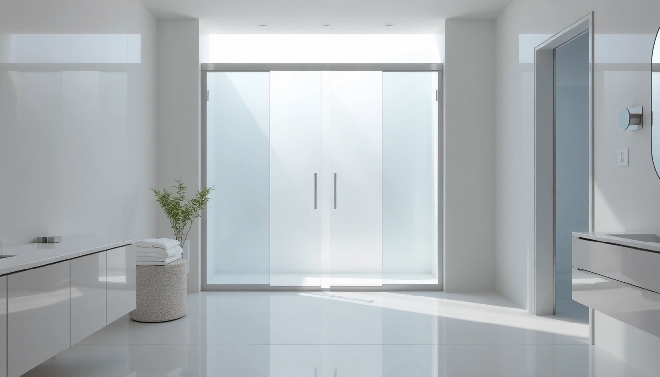 Stunning shower sliding doors enhancing a serene bathroom, showcasing elegant design and aesthetics.