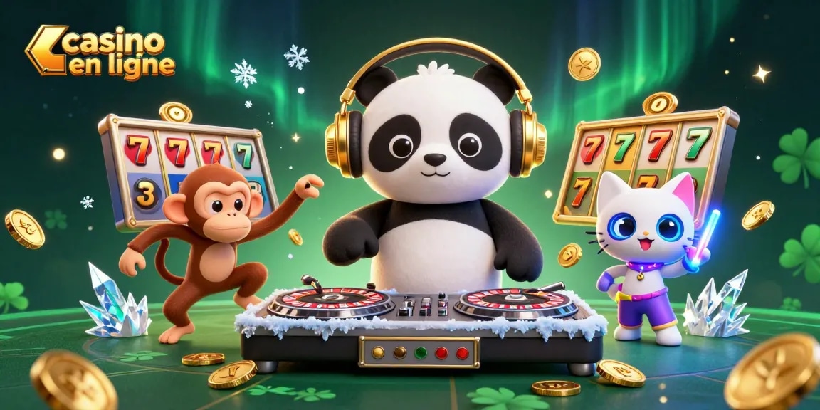 Découvrez le casino en ligne avec notre panda DJ enjoué tournant les rouleaux des machines à sous.