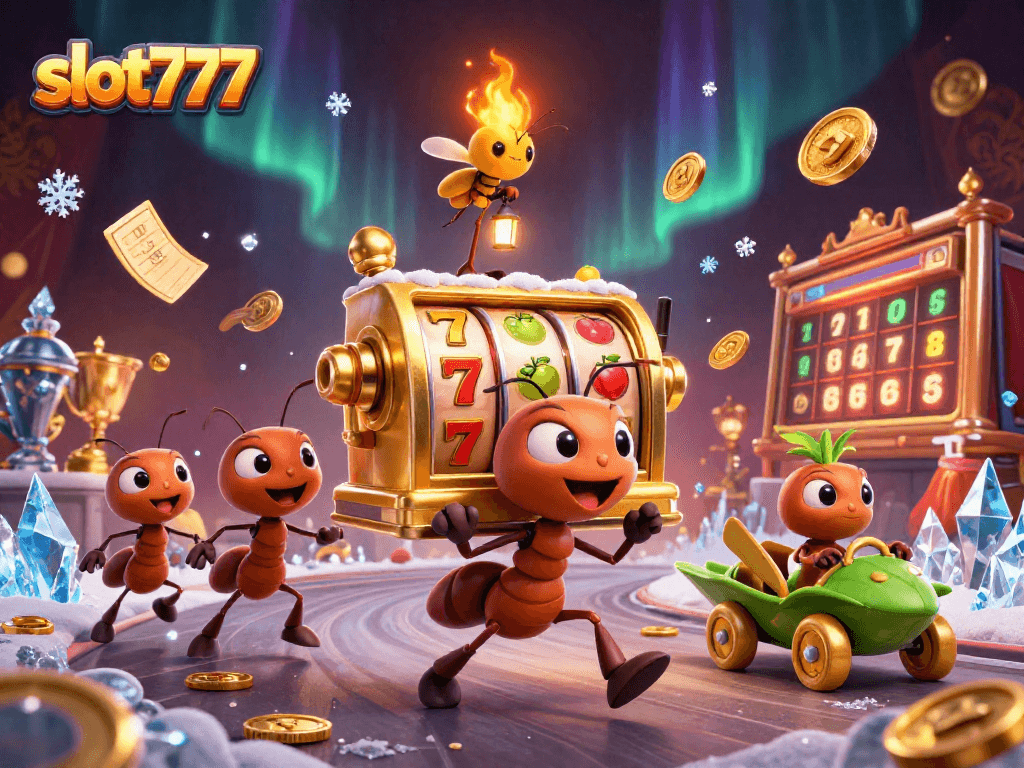 Experience the excitement of slot777 with a fun illustration of ants heisting a giant slot machine.