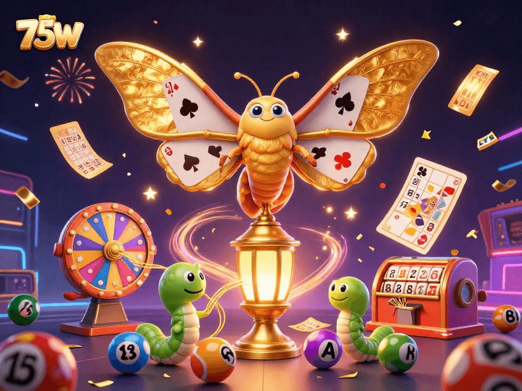 Aposte no 75W com uma cena vibrante de loteria e itens de cassino, destacando elementos de jogos e celebração.