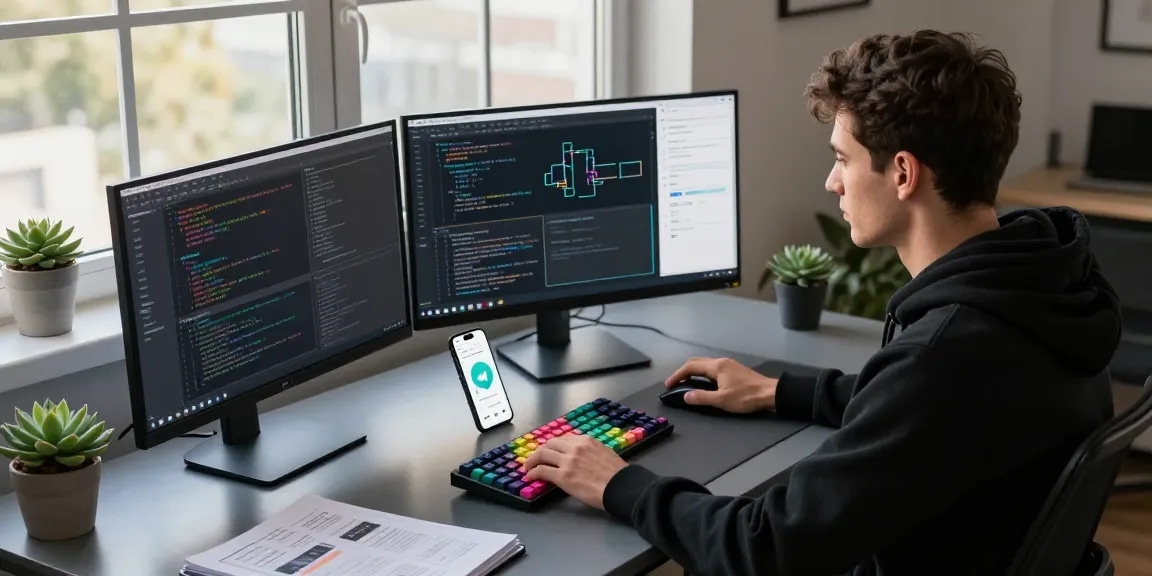 Download telegram中文版下载 on a sleek tech workspace with a developer coding.