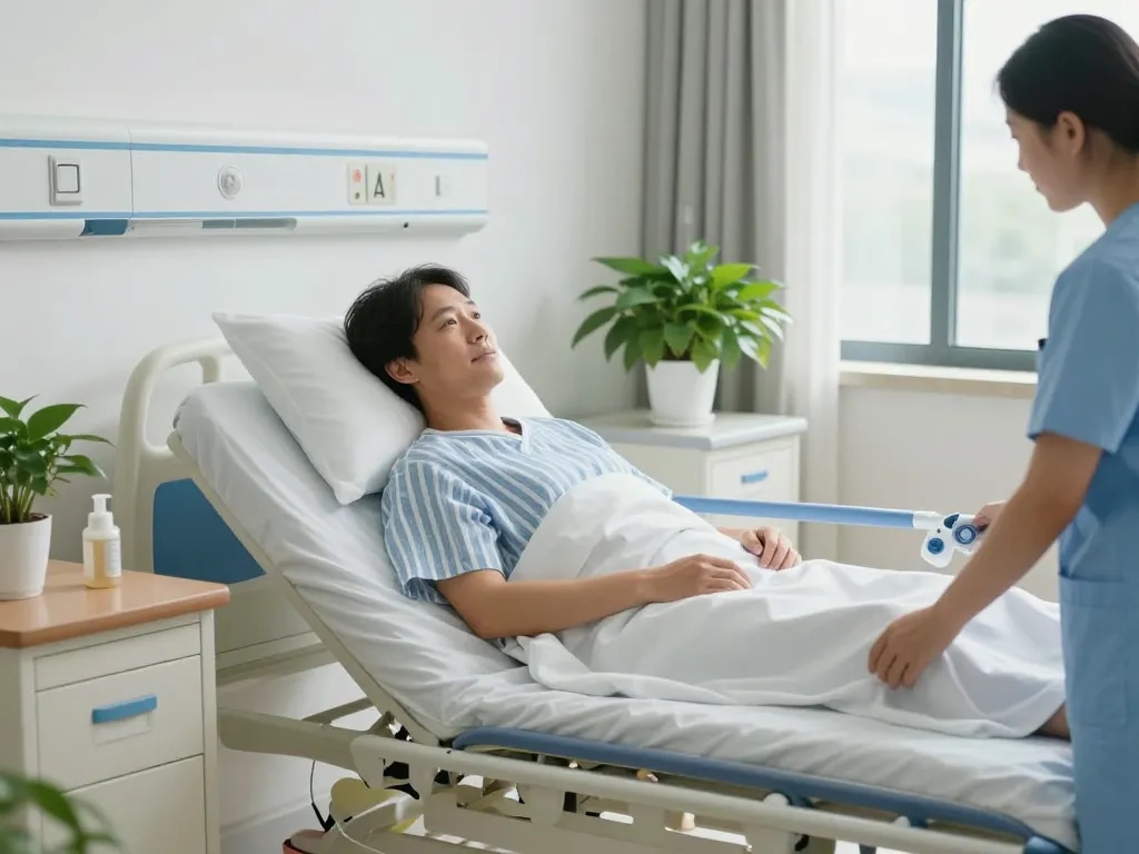 Patient on a giường bệnh nhân in a bright hospital room, showcasing adjustable features for comfort.