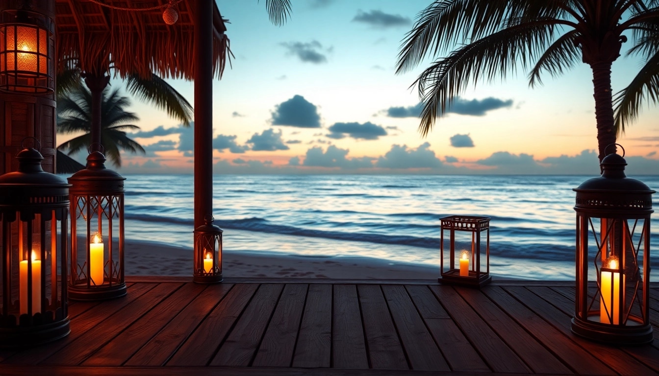 Soothing island light shines on a tranquil beach with glowing lanterns and silhouettes of palms.