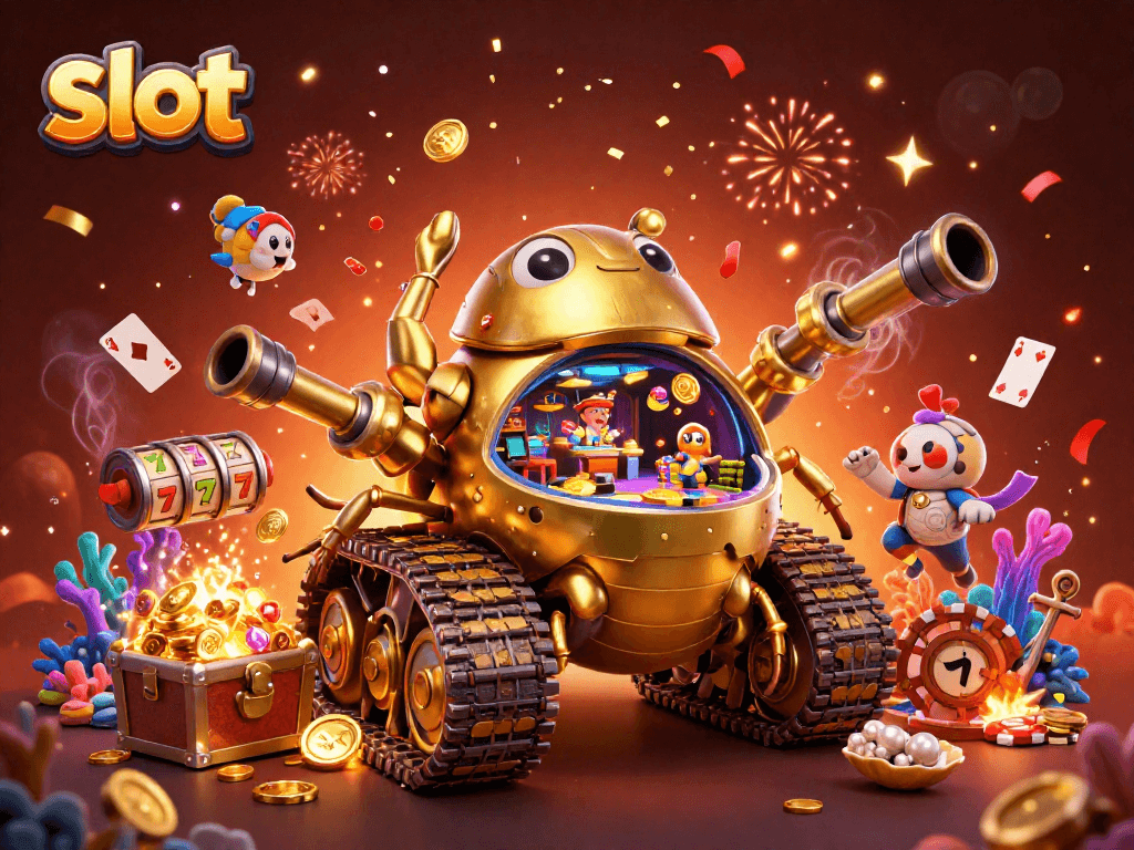 Experience the thrill of slot gaming with a gold beetle tank casino bursting with coins and confetti!