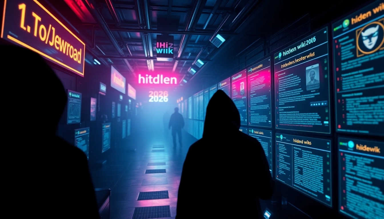 Visual representation of the dark web's hidden wiki 2026, featuring cryptic interfaces, shadowy figures, and a cybernetic atmosphere.