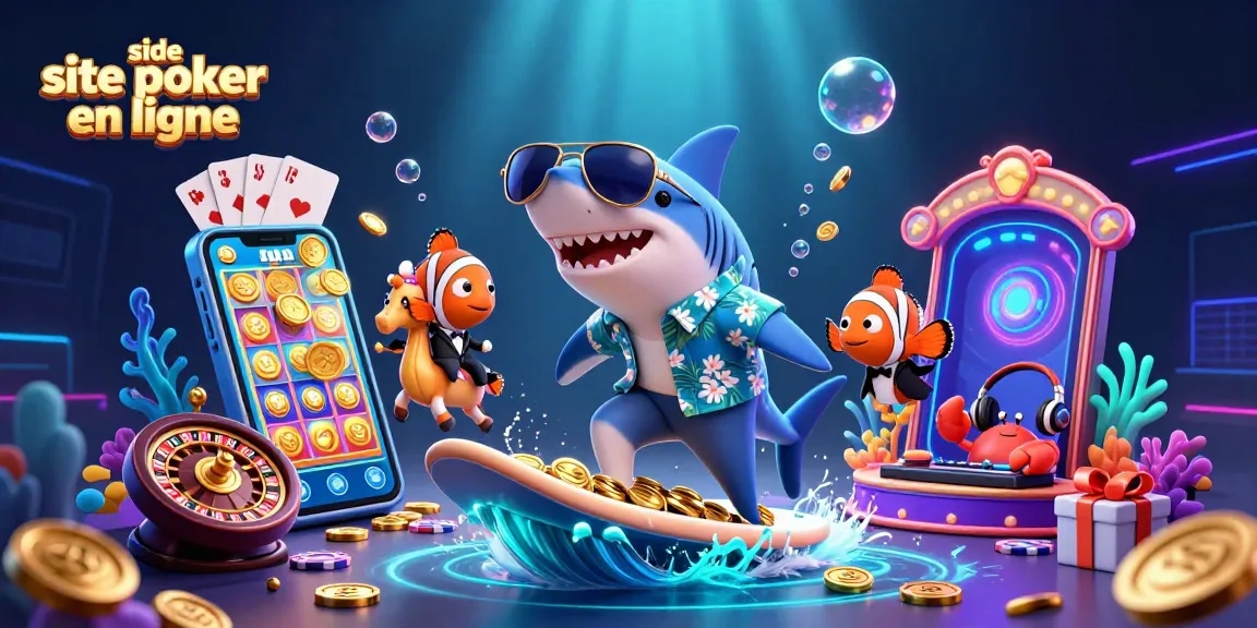 Jouez sur le meilleur site de poker en ligne avec une illustration captivante de personnages animés et d'éléments de jeu.