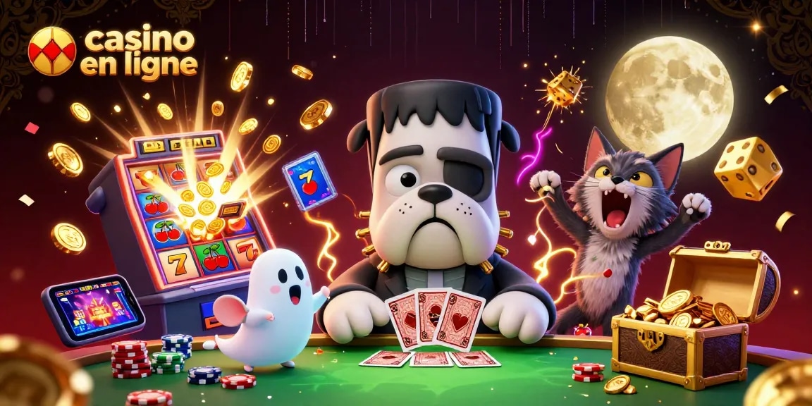 Jouez à casino en ligne avec un bulldog Frankenstein et un chaton loup dans une scène animée.