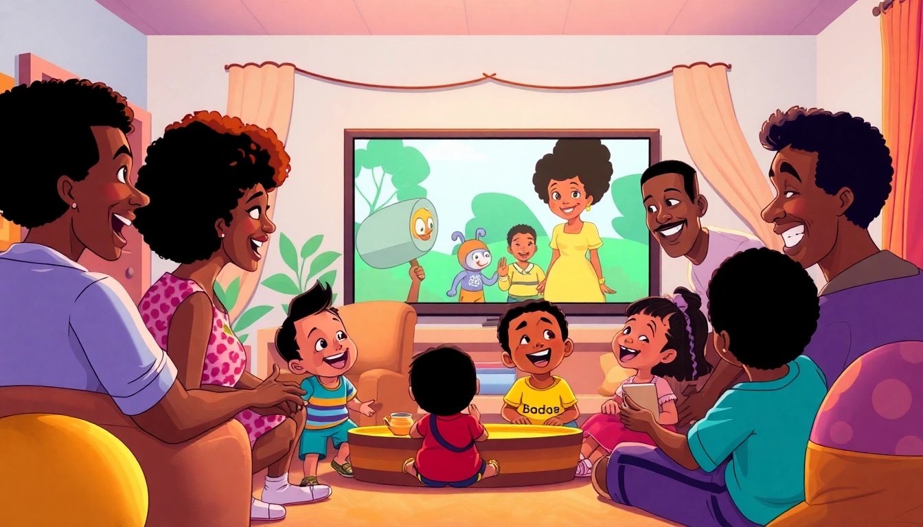 A vibrant scene celebrating African American cartoons with diverse characters enjoying a family movie night.