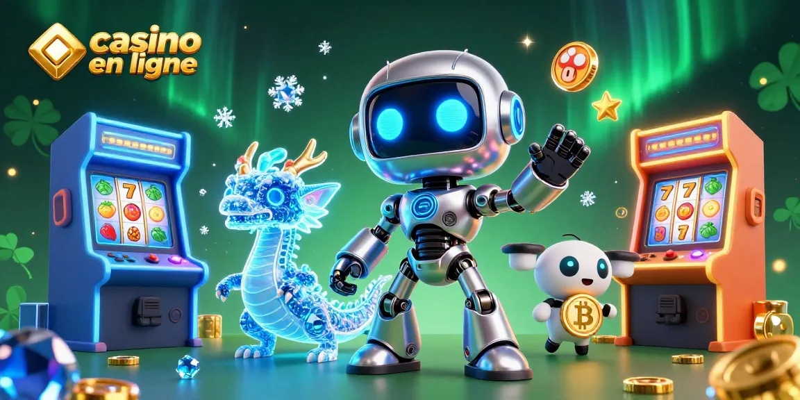 Jouez au casino en ligne dans un univers interactif plein de machines colorées et de personnages numériques.
