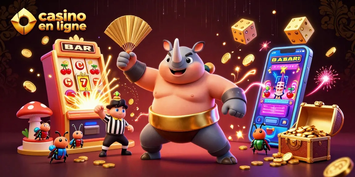 Casino en ligne avec un scarabée rhinocéros sumo entouré de jeux et de pièces d'or