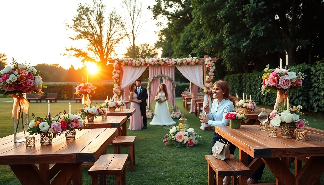 Experience enchanting Wedding & Event Rentals in a beautiful outdoor garden setup with floral decorations.